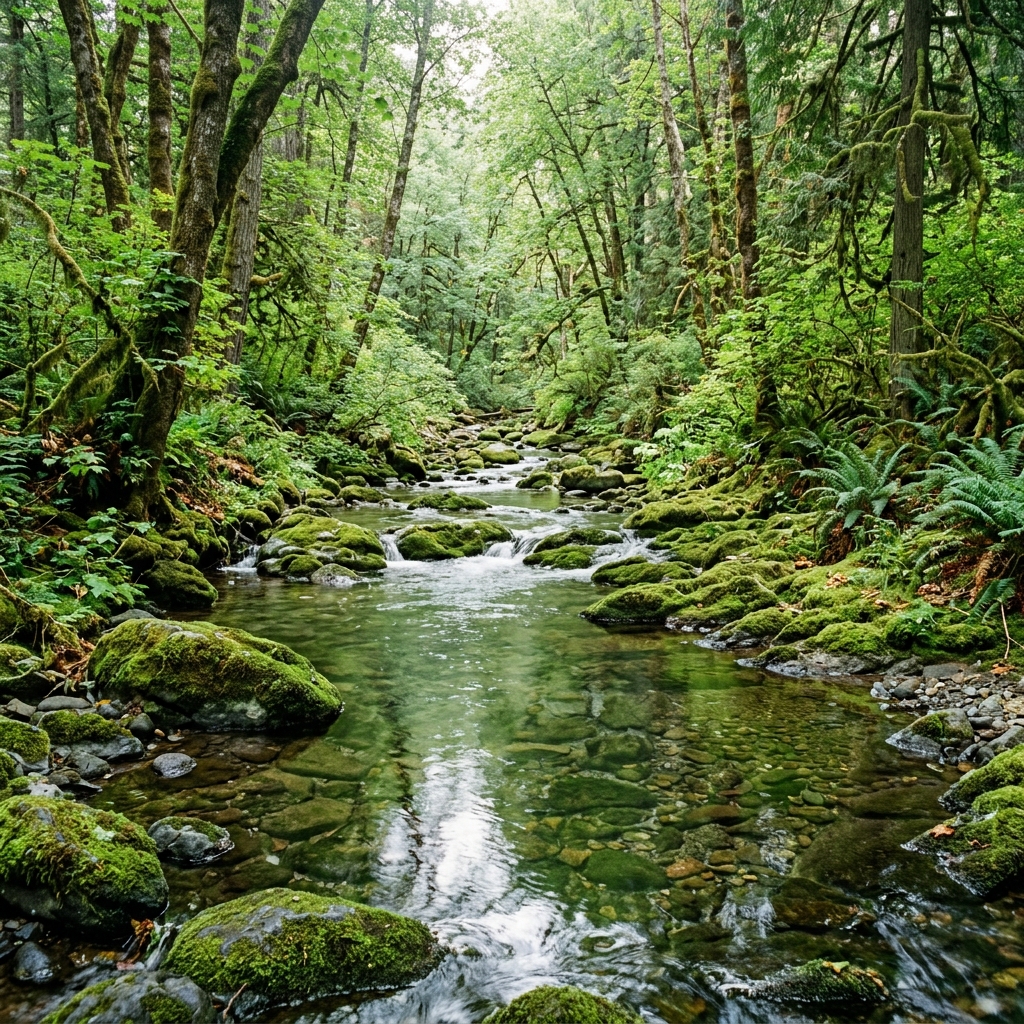 A crystal clear stream flowing gently over smooth mossy rocks in a vibrant green temperate forest, reflections in the water, highly detailed landscape photography, serene atmosphere, no people
